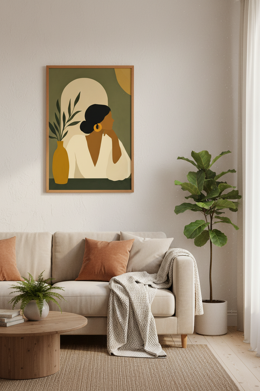 Boho Woman Portrait | Sage Green &amp; Mustard Abstract Art, Minimalist Decor