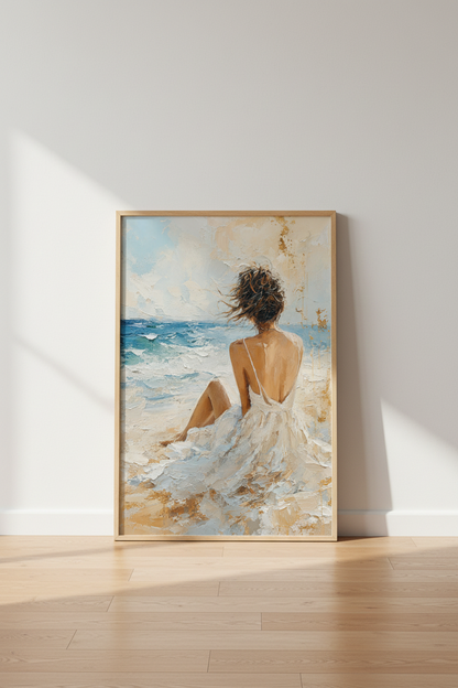 Woman at Beach Palette Knife Art | Coastal Bedroom Decor | Impressionist Poster