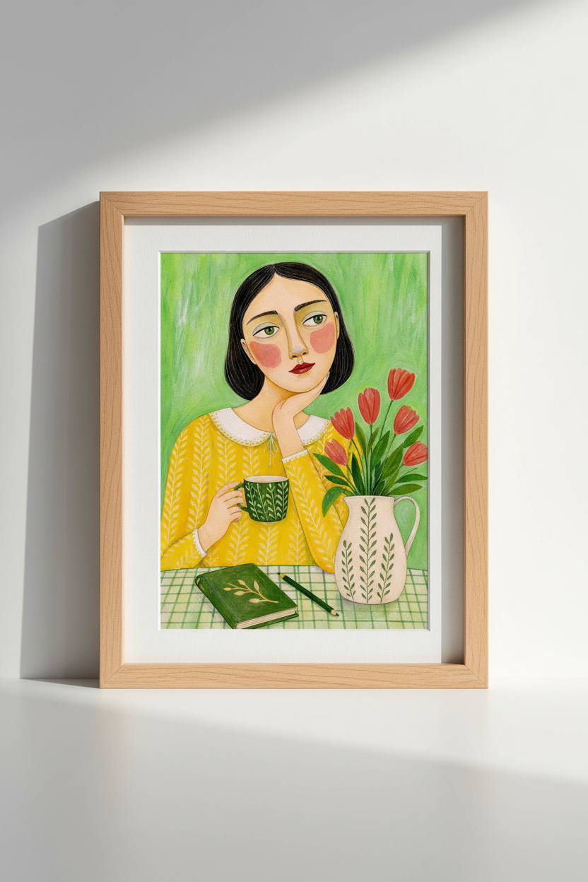 Folk Art Woman Print | Whimsical Girl Morning Coffee, Yellow Green Kitchen Wall Decor