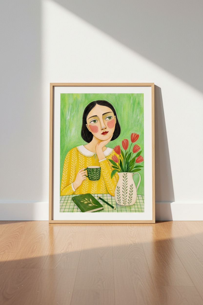 Folk Art Woman Print | Whimsical Girl Morning Coffee, Yellow Green Kitchen Wall Decor