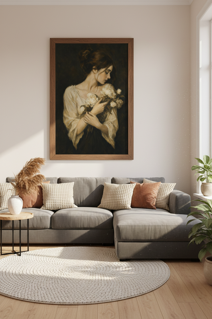 Moody Woman with Flowers Oil Painting | Dark Academia Wall Art | Vintage Portrait Poster