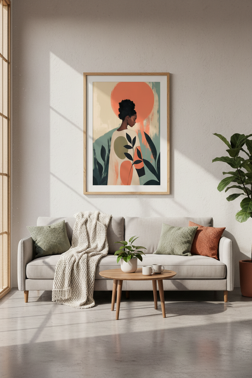 boho wall art print | Abstract Sunset, Coral Teal | Living Room Decor