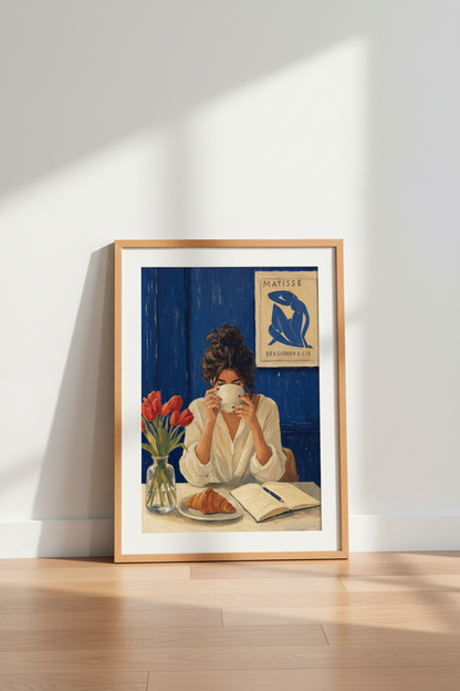 Blue Morning Coffee Wall Art | Chic Oil Painting Poster, Kitchen &amp; Dining Decor