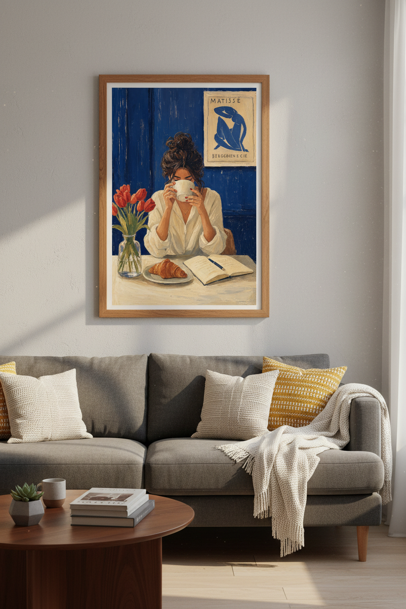 Blue Morning Coffee Wall Art | Chic Oil Painting Poster, Kitchen &amp; Dining Decor