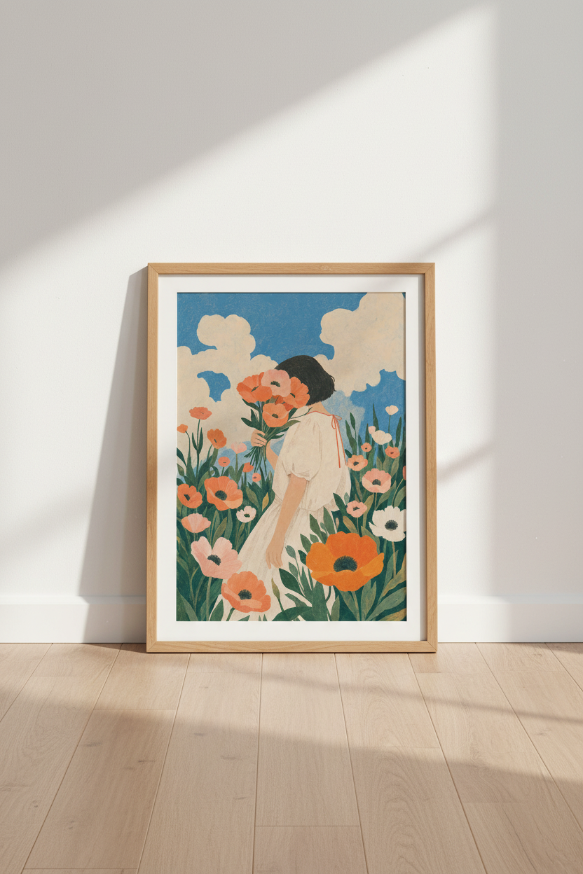 Girl with Poppies Floral Wall Art | Cottagecore Sky Poster | Aesthetic Garden Decor