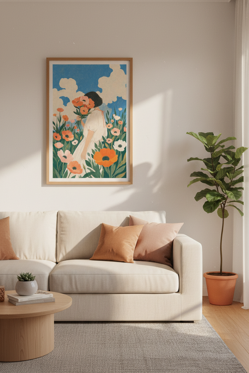 Girl with Poppies Floral Wall Art | Cottagecore Sky Poster | Aesthetic Garden Decor