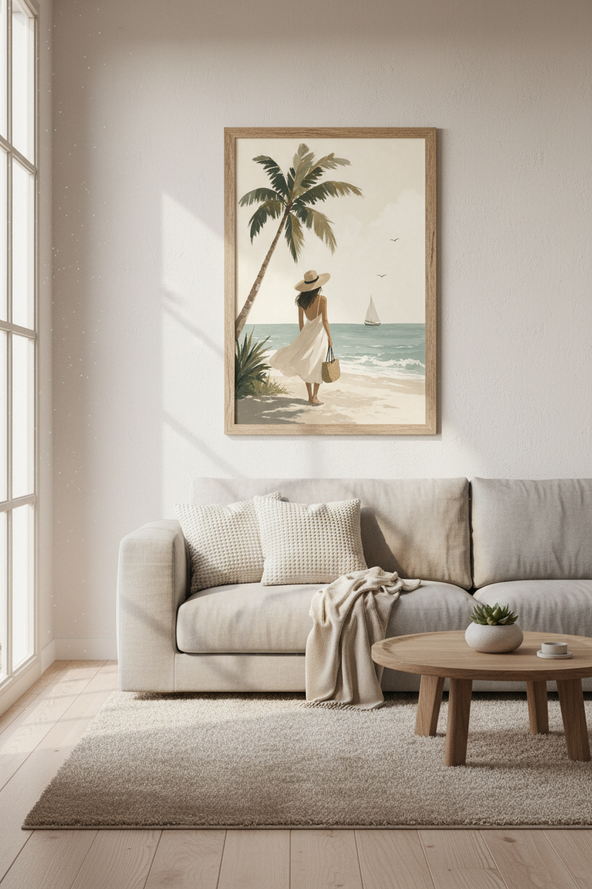 Coastal Woman on Beach | Palm Tree &amp; Sailboat Print, Neutral Summer Wall Art Decor