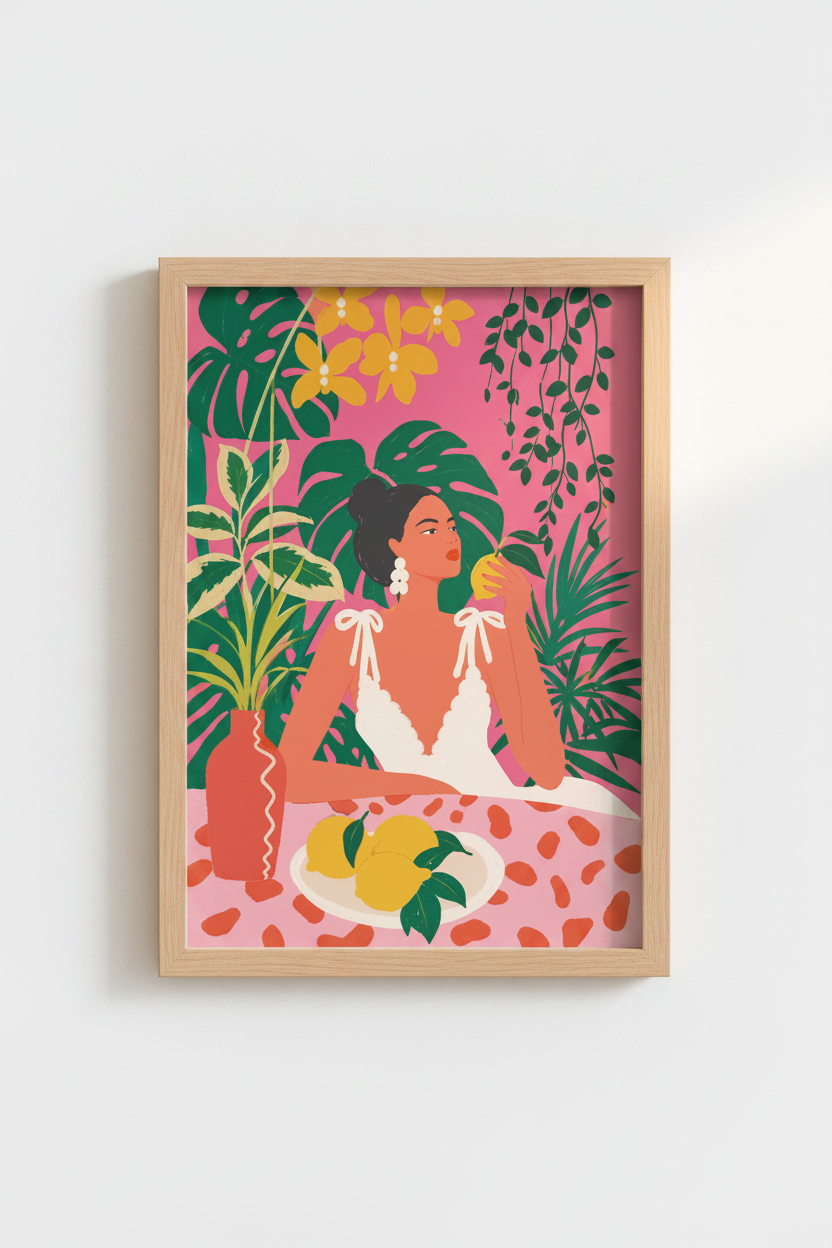 Tropical Wall Art | Bold Florals, Pink Backdrop | Living Room Decor