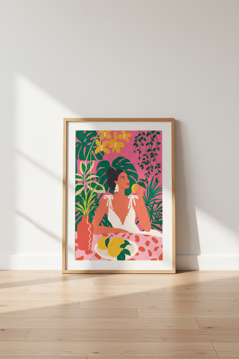 Tropical Wall Art | Bold Florals, Pink Backdrop | Living Room Decor