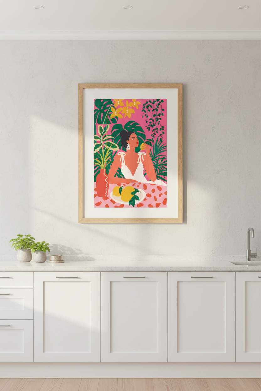 Tropical Wall Art | Bold Florals, Pink Backdrop | Living Room Decor