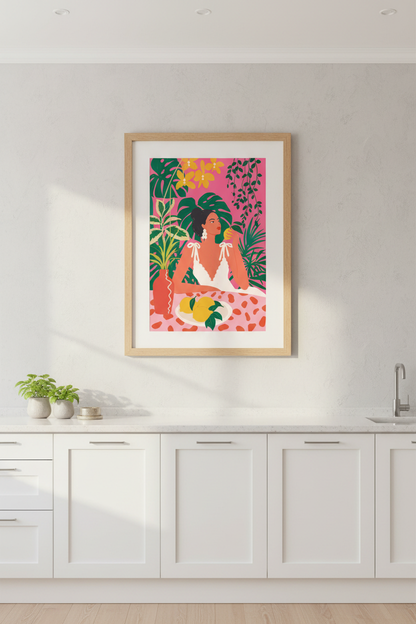 Tropical Wall Art | Bold Florals, Pink Backdrop | Living Room Decor