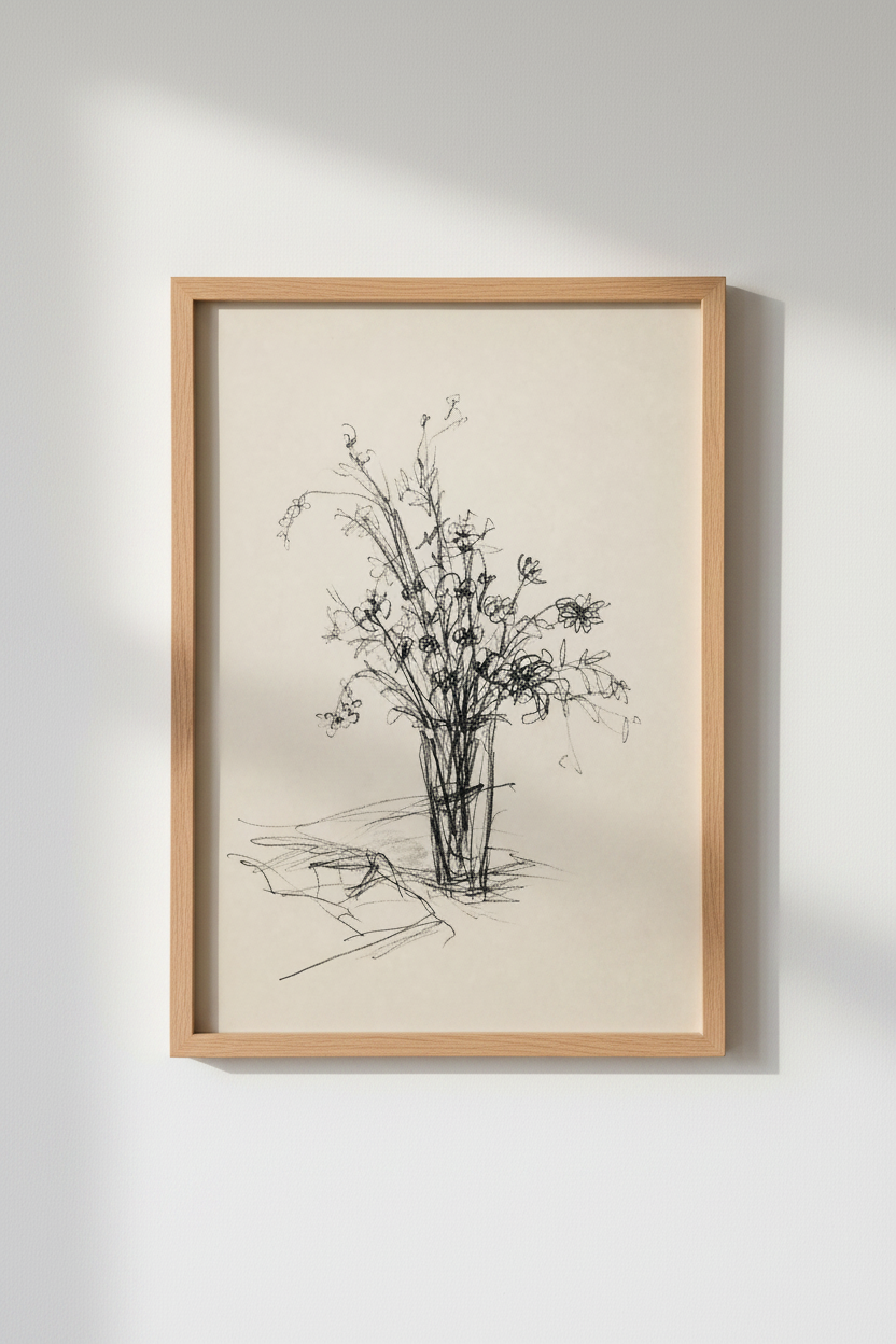 Minimalist Floral Charcoal Sketch | Black &amp; White Flower Vase, Modern Home Decor Art