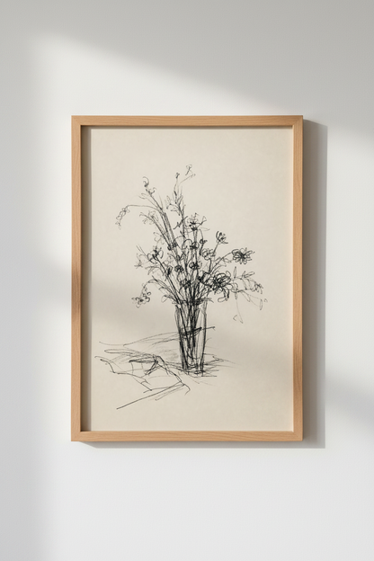 Minimalist Floral Charcoal Sketch | Black &amp; White Flower Vase, Modern Home Decor Art