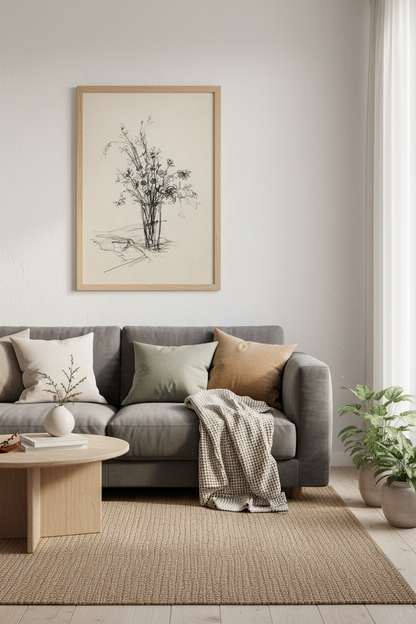 Minimalist Floral Charcoal Sketch | Black &amp; White Flower Vase, Modern Home Decor Art