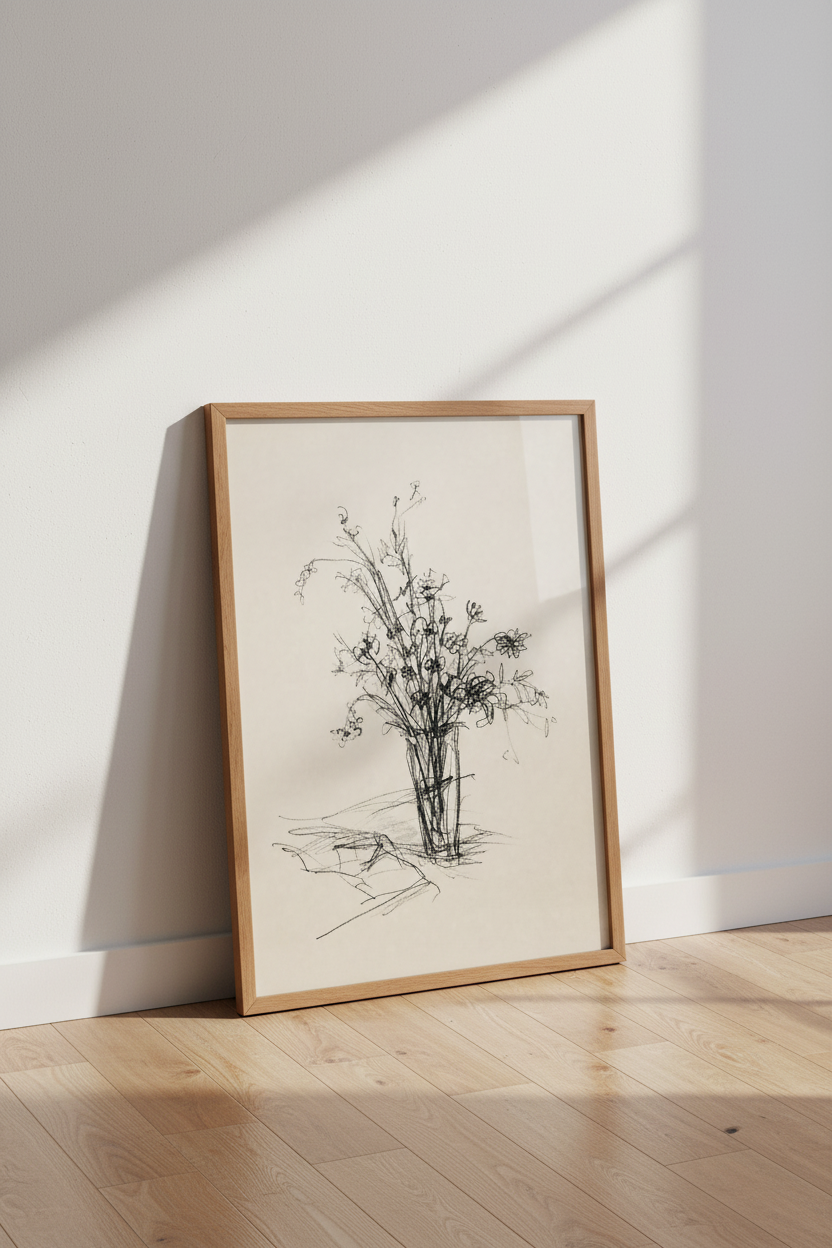 Minimalist Floral Charcoal Sketch | Black &amp; White Flower Vase, Modern Home Decor Art