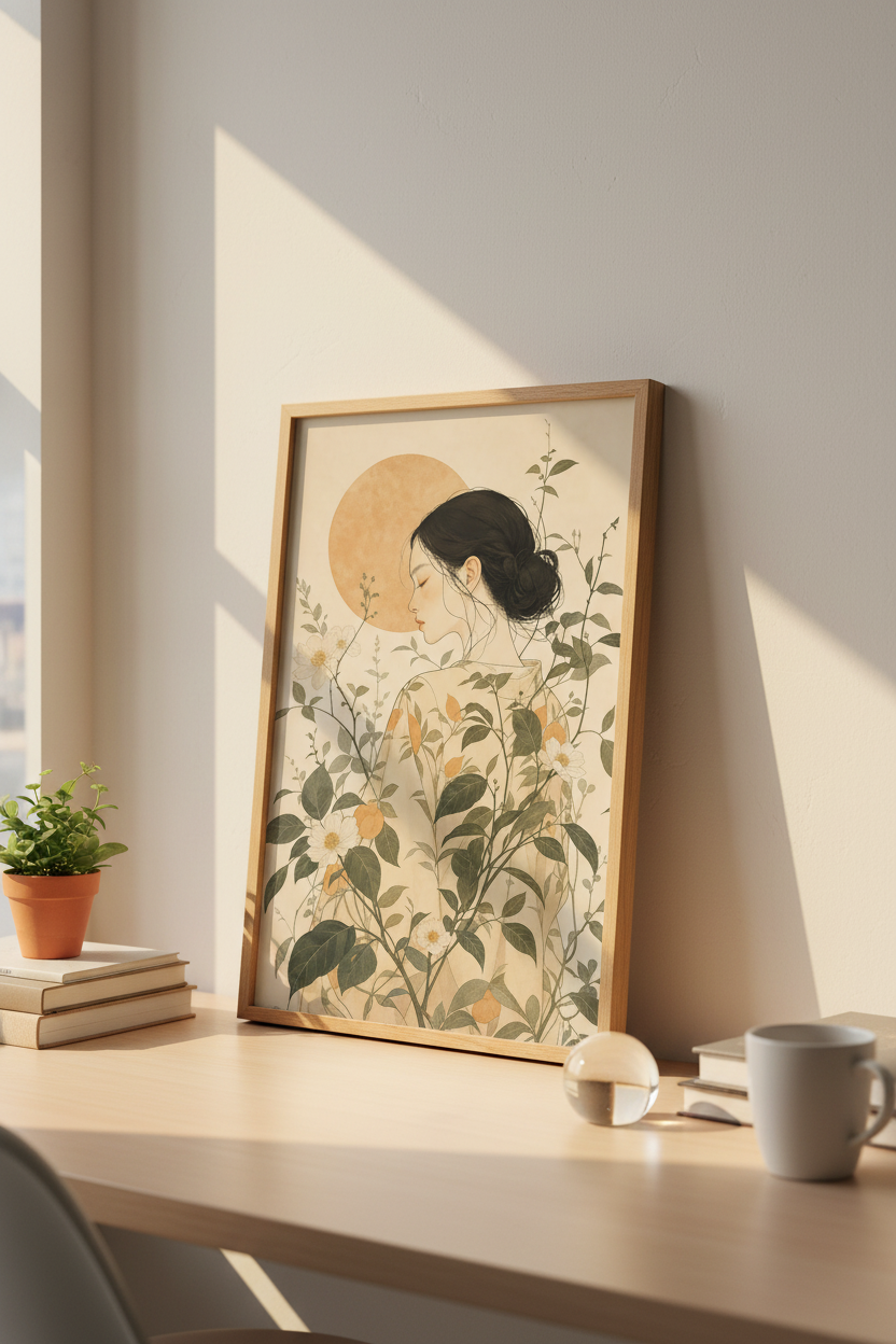 Botanical wall art | Ethereal Portrait in warm beige tones | Living Room Poster