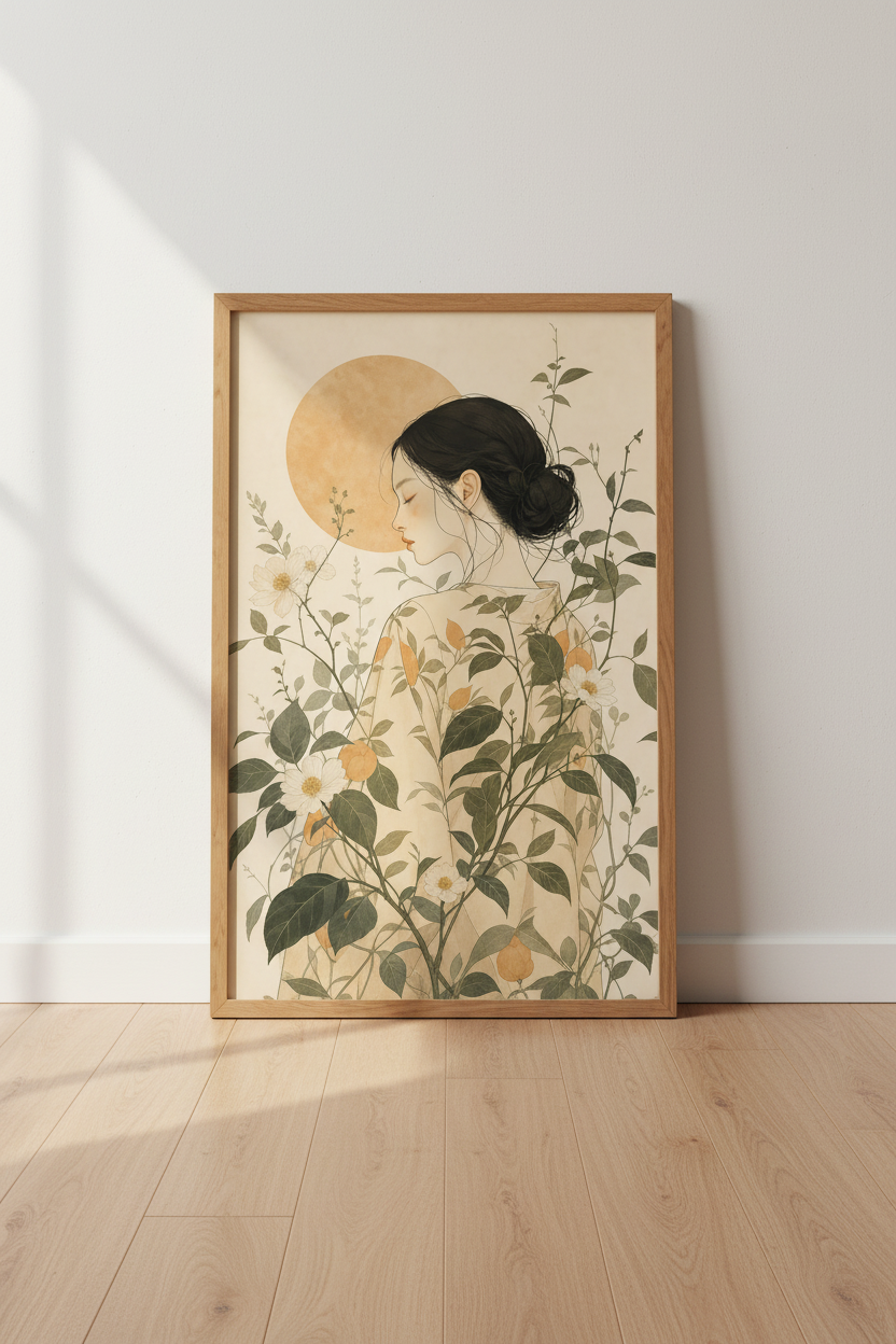 Botanical wall art | Ethereal Portrait in warm beige tones | Living Room Poster