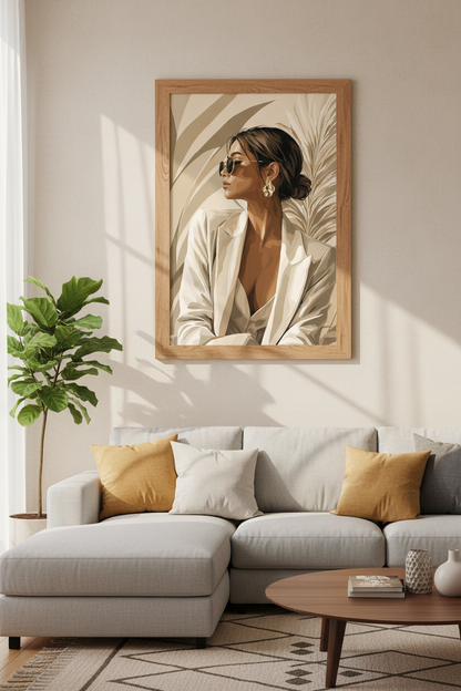 Fashion Woman Wall Art | Neutral Beige Tropical Print, Chic Home Decor Poster