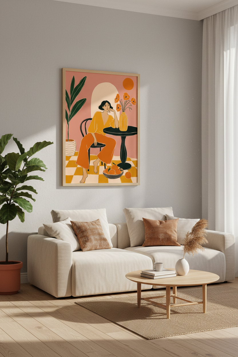 Boho Woman Illustration | Orange &amp; Pink Retro Aesthetic, Living Room Decor