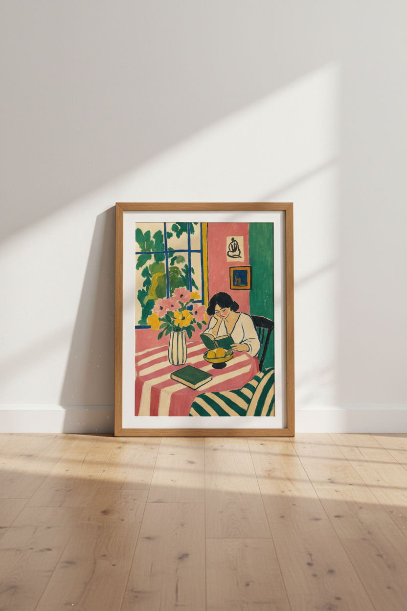 Reading Woman Art Print | Matisse Style Pink &amp; Green Decor | Fauvism Poster