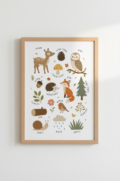Woodland Animals Forest Friends Wall Art | Nursery Educational Decor | Boho Kids Poster