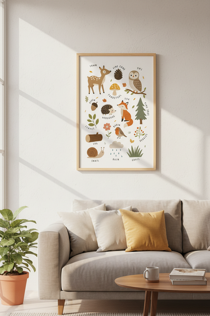 Woodland Animals Forest Friends Wall Art | Nursery Educational Decor | Boho Kids Poster
