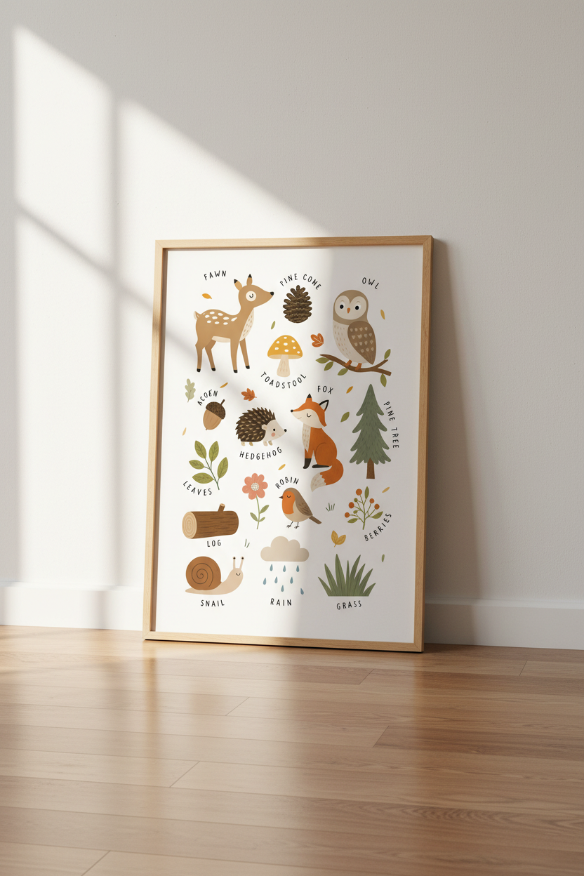 Woodland Animals Forest Friends Wall Art | Nursery Educational Decor | Boho Kids Poster