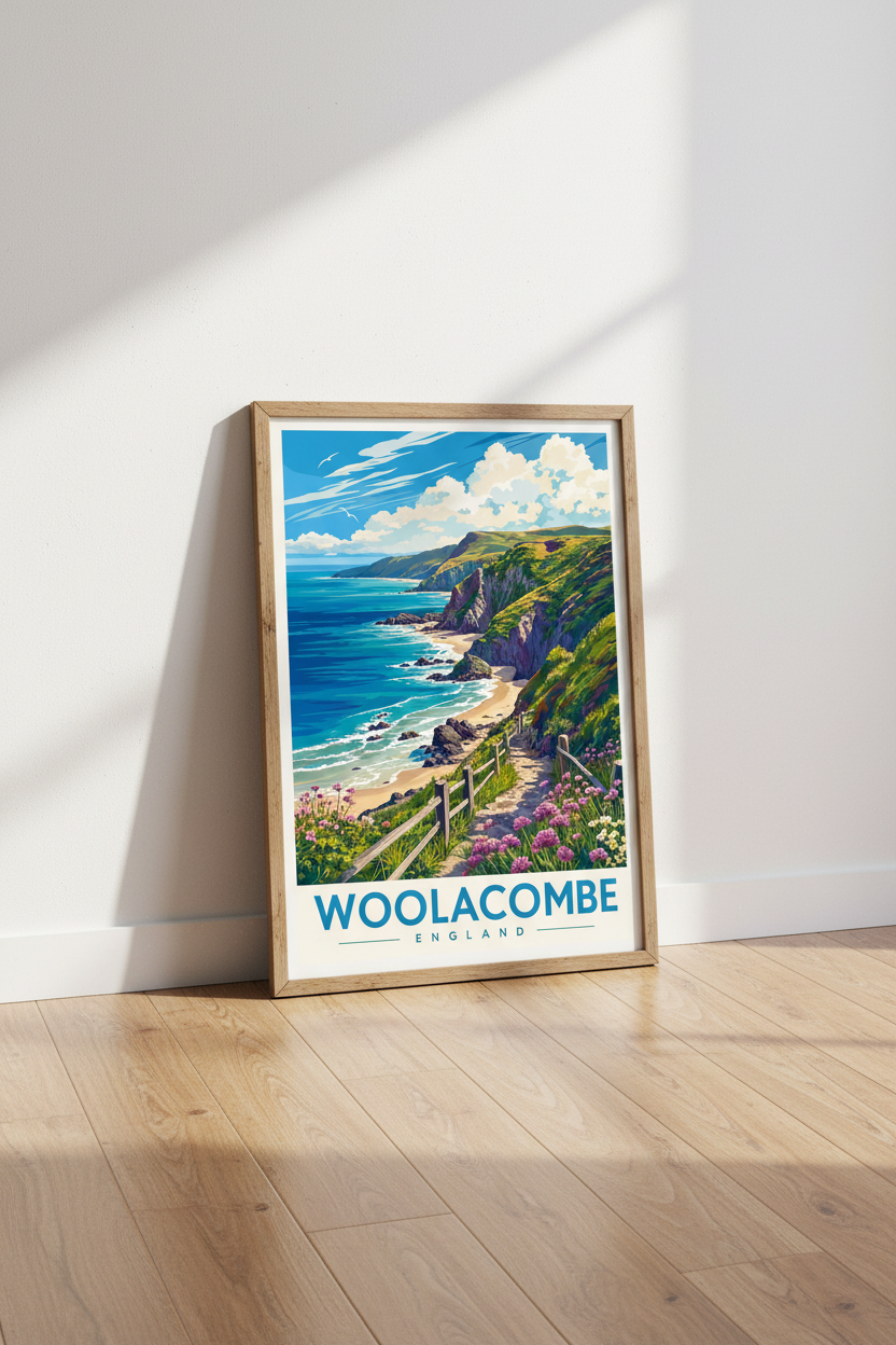 Woolacombe England Travel Poster | Coastal Landscape Wall Art, Devon Beach Decor
