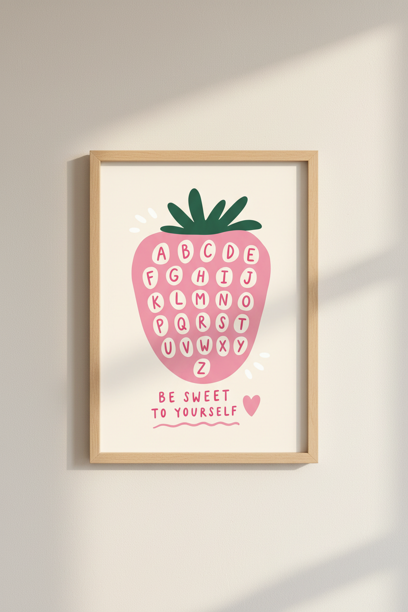 Strawberry Nursery Wall Art Print | Pink Alphabet Poster | Cute Kids Playroom Decor