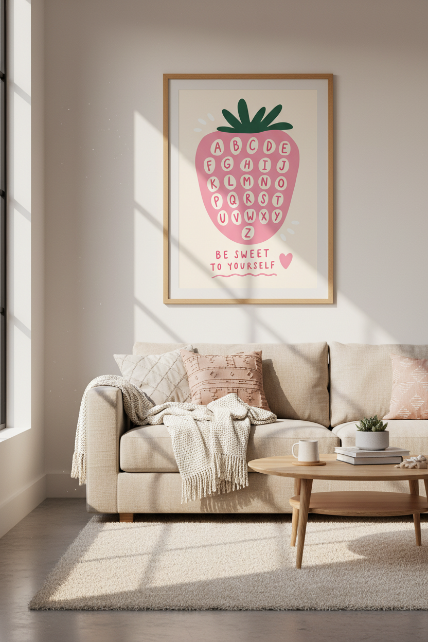 Strawberry Nursery Wall Art Print | Pink Alphabet Poster | Cute Kids Playroom Decor
