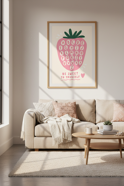 Strawberry Nursery Wall Art Print | Pink Alphabet Poster | Cute Kids Playroom Decor