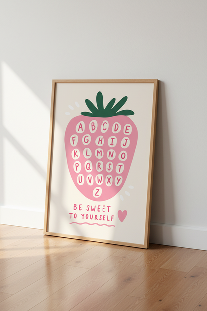 Strawberry Nursery Wall Art Print | Pink Alphabet Poster | Cute Kids Playroom Decor