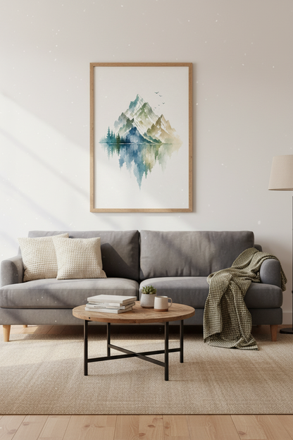 Mountain Lake Watercolor Wall Art | Blue Nature Poster | Minimalist Landscape