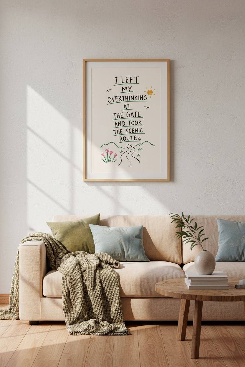Scenic Route Quote Wall Art | Hand-Drawn Mental Health Poster, Bedroom Decor