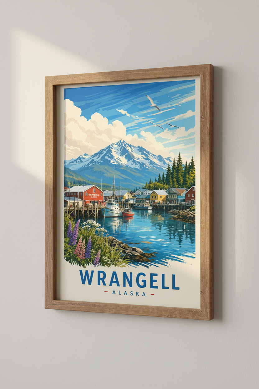 Wrangell Alaska Travel Poster | Coastal Mountain Wall Art | Vintage Aesthetic Print