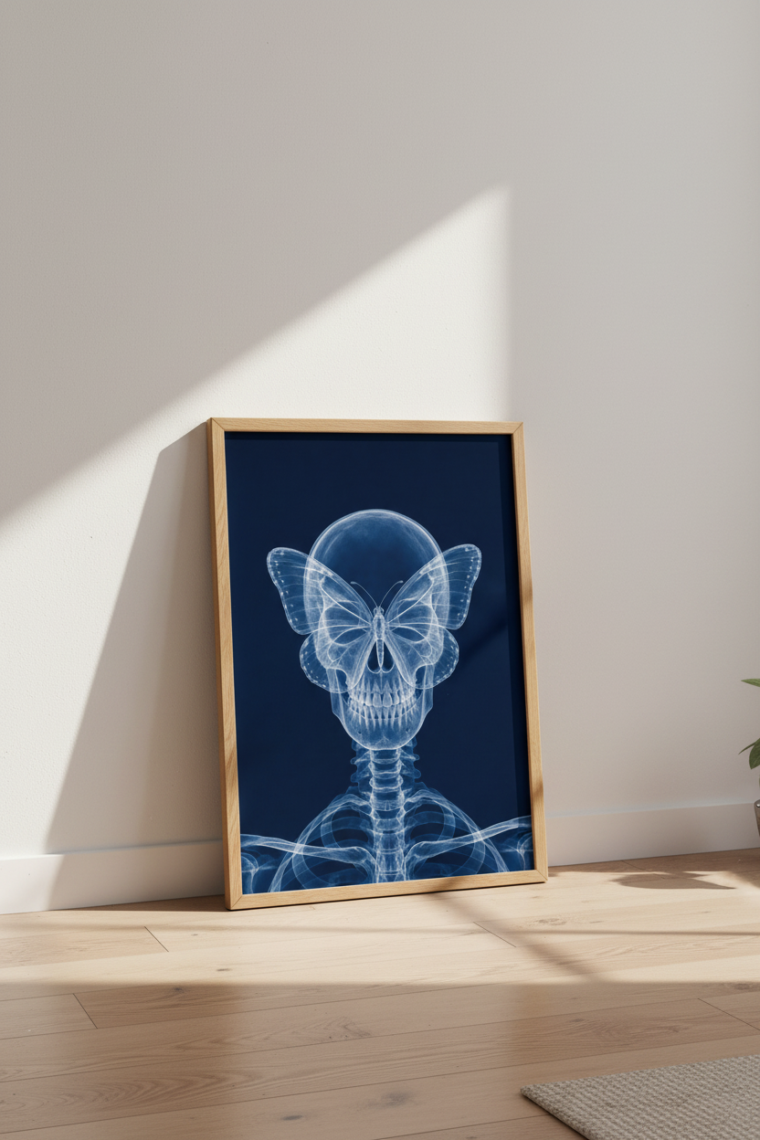 X-Ray Skull Butterfly Wall Art Print | Gothic Dark Academia Decor | Surreal Blue Poster
