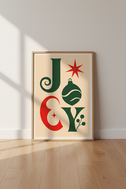 Joy Christmas Typography Wall Art | Mid Century Modern Retro Poster | Holiday Decor