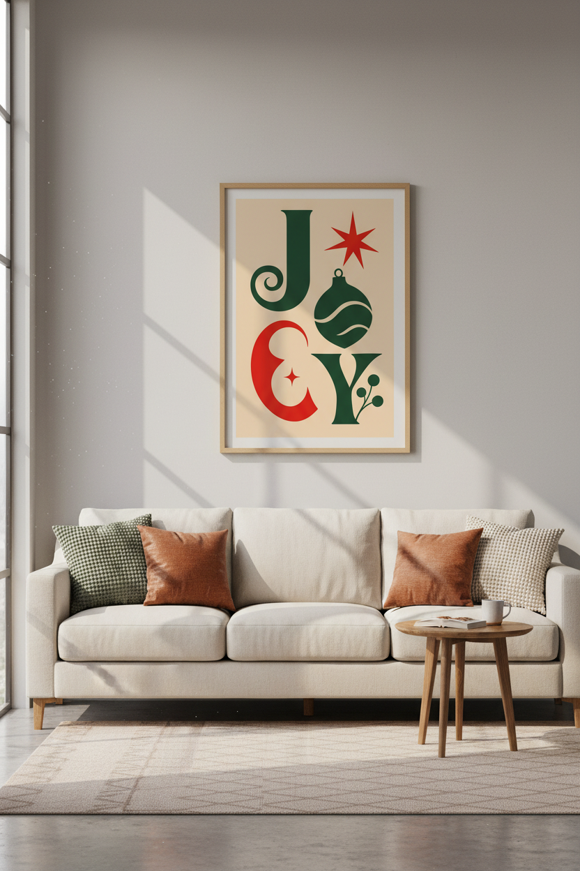 Joy Christmas Typography Wall Art | Mid Century Modern Retro Poster | Holiday Decor