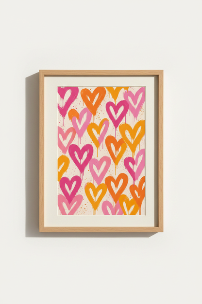 Preppy Heart Wall Art Print | Pink &amp; Orange Graffiti Poster | Trendy Dorm Room Decor