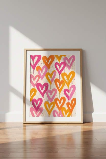 Preppy Heart Wall Art Print | Pink &amp; Orange Graffiti Poster | Trendy Dorm Room Decor