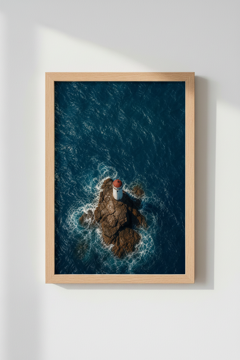 Lighthouse Coastal Wall Art Print | Nautical Ocean Decor | Modern Aerial Poster