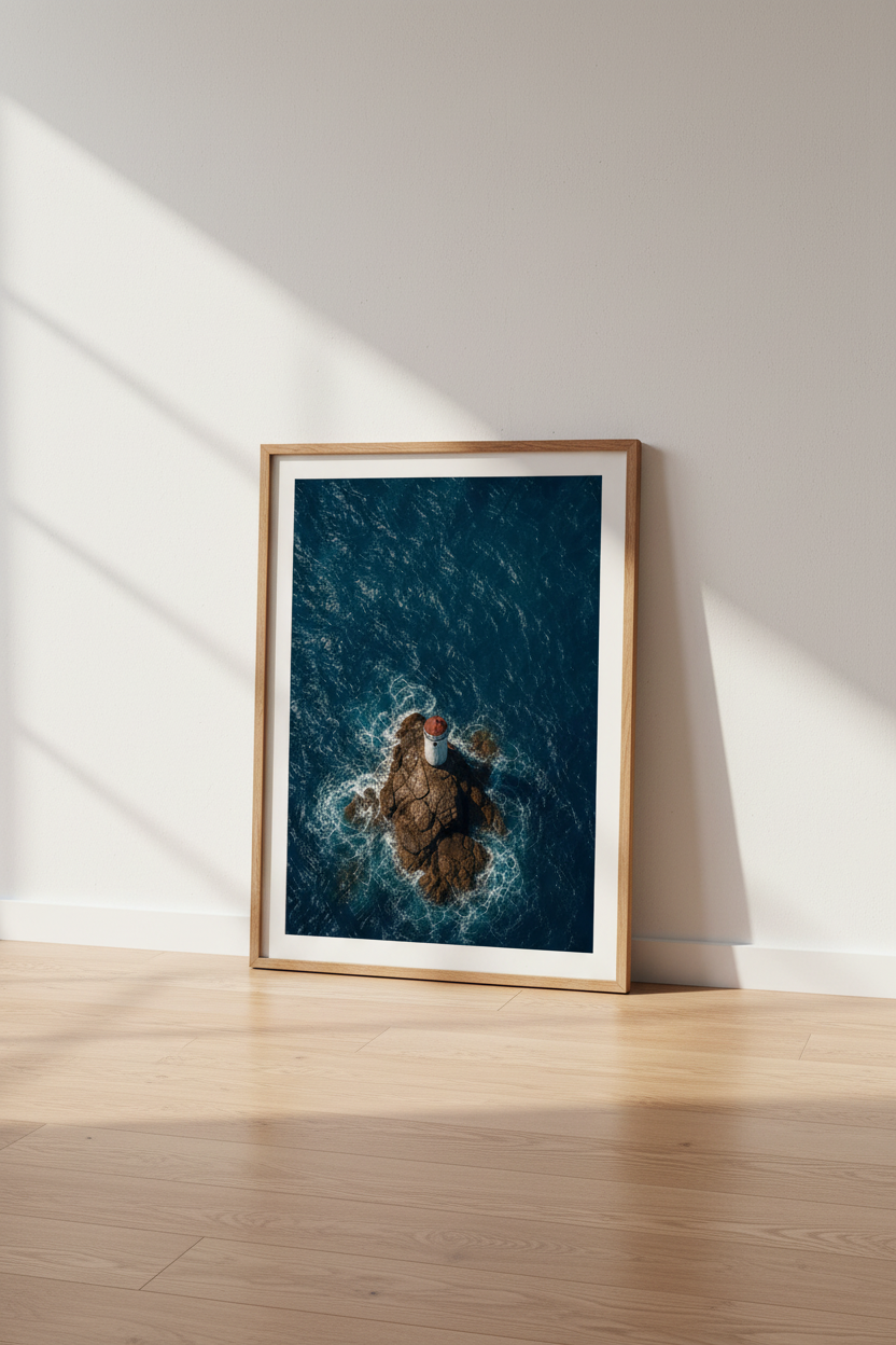 Lighthouse Coastal Wall Art Print | Nautical Ocean Decor | Modern Aerial Poster