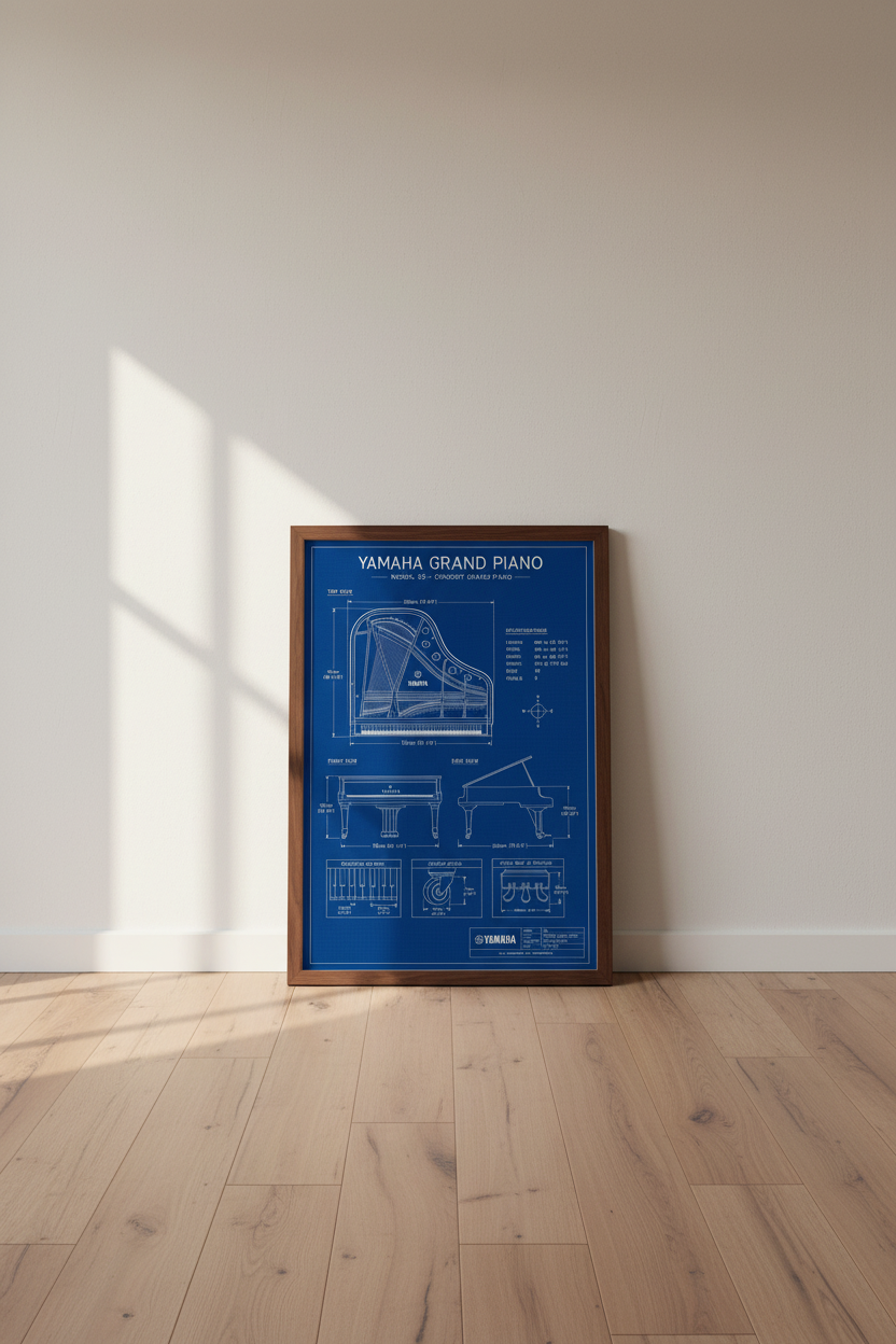 Piano Blueprint Wall Art | Yamaha C5 Grand Piano Poster, Music Room Decor