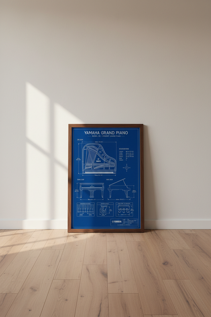 Piano Blueprint Wall Art | Yamaha C5 Grand Piano Poster, Music Room Decor