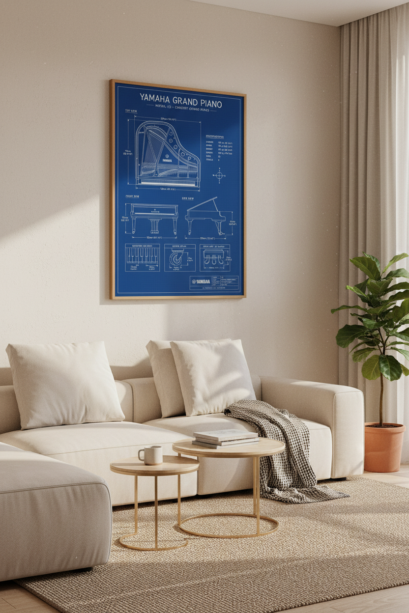 Piano Blueprint Wall Art | Yamaha C5 Grand Piano Poster, Music Room Decor