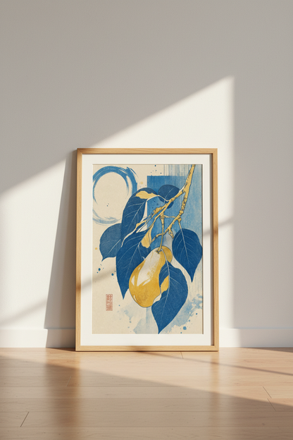 Japanese Pear Branch Wall Art Print | Indigo Blue &amp; Gold | Zen Kitchen Decor