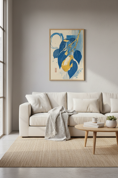 Japanese Pear Branch Wall Art Print | Indigo Blue &amp; Gold | Zen Kitchen Decor