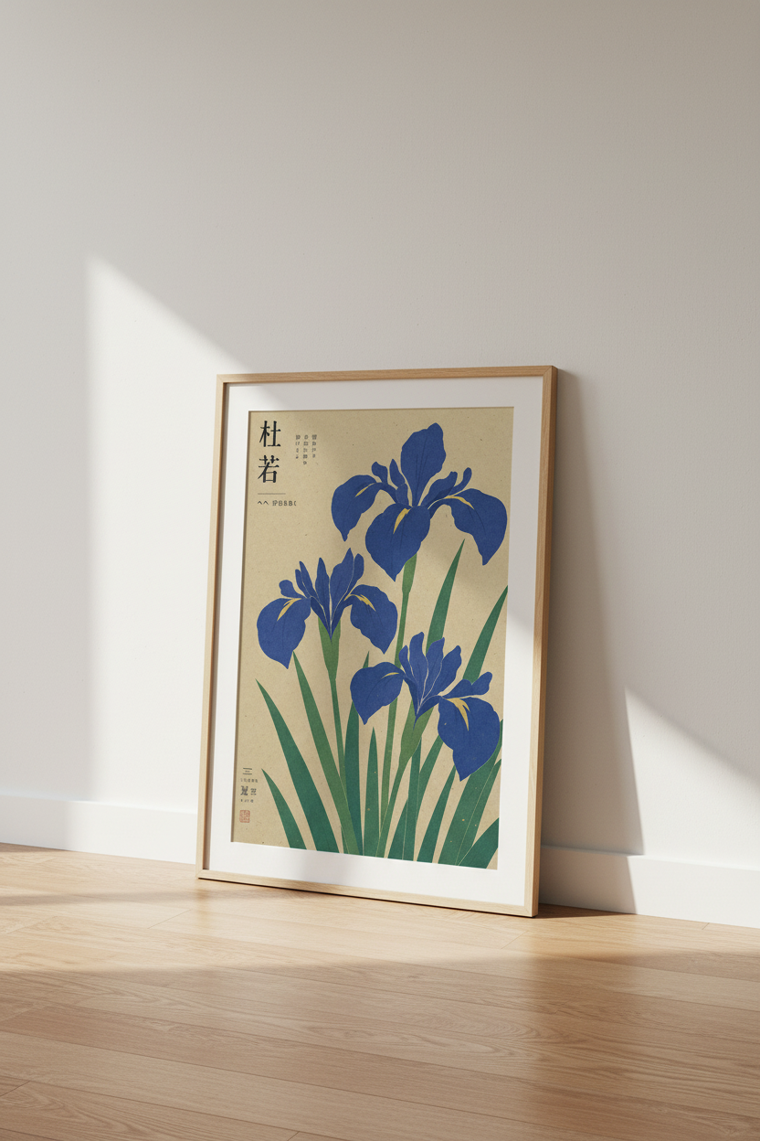 Japanese Iris Woodblock Print | Blue Floral Ukiyo-e Art, Zen Botanical Home Decor
