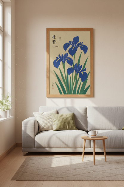 Japanese Iris Woodblock Print | Blue Floral Ukiyo-e Art, Zen Botanical Home Decor