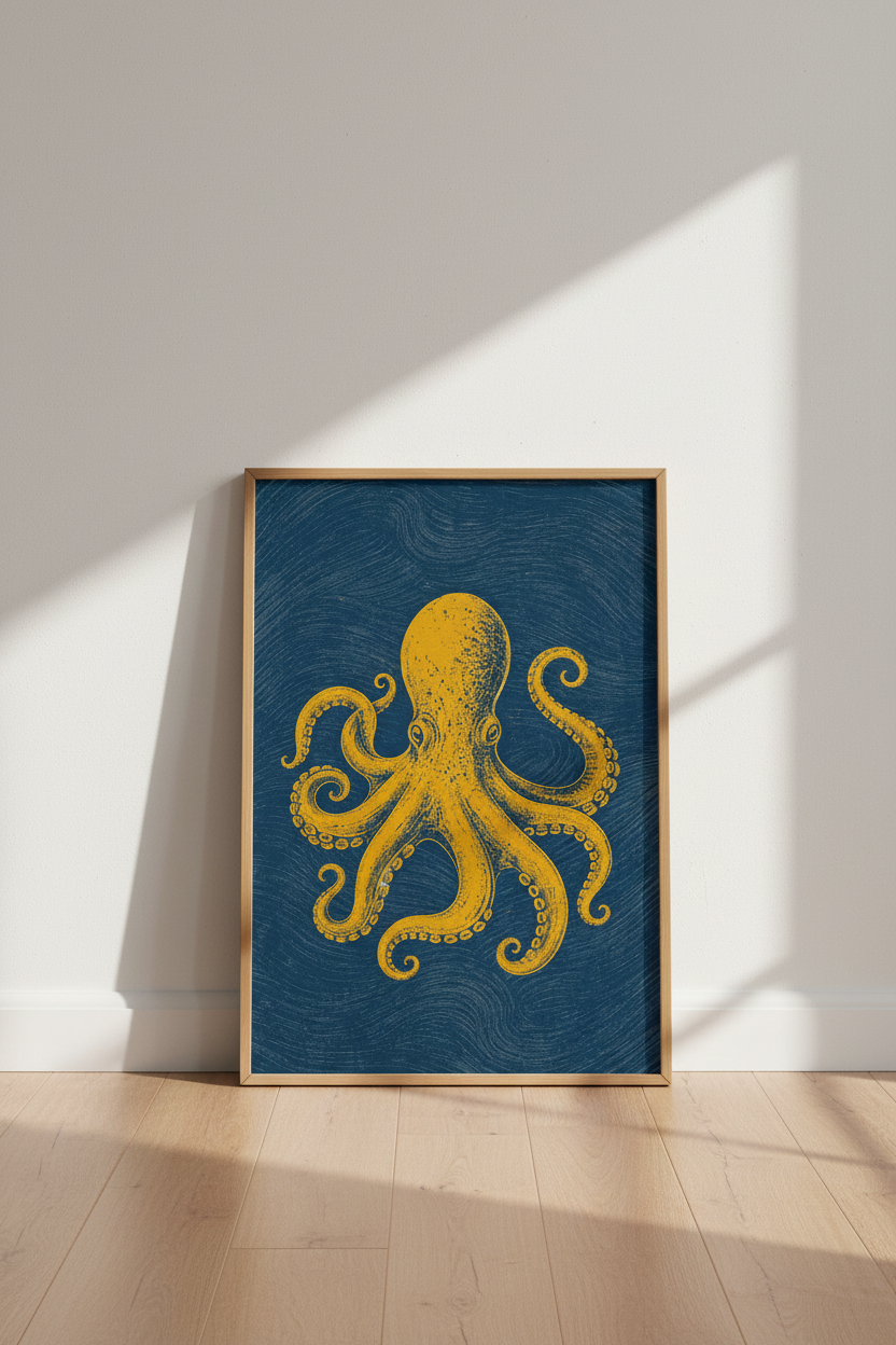Octopus Wall Art | Blue and Yellow Coastal Decor | Nautical Marine Life Poster
